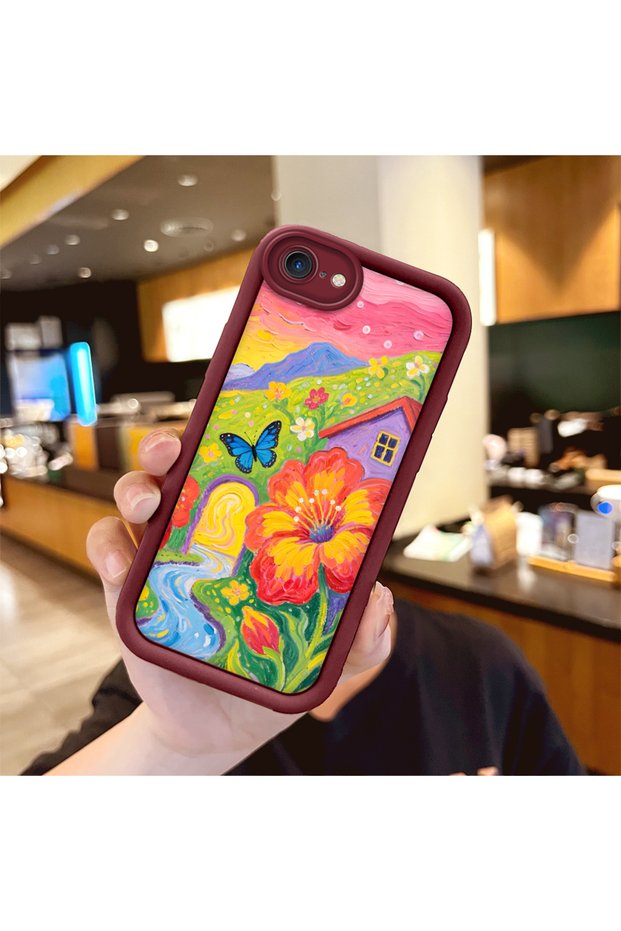 iPhone 7/8/Se 2020 2022 Compatible Case Camera Protector Burgundy Silicone Couple Phone Case Butterfly Pattern