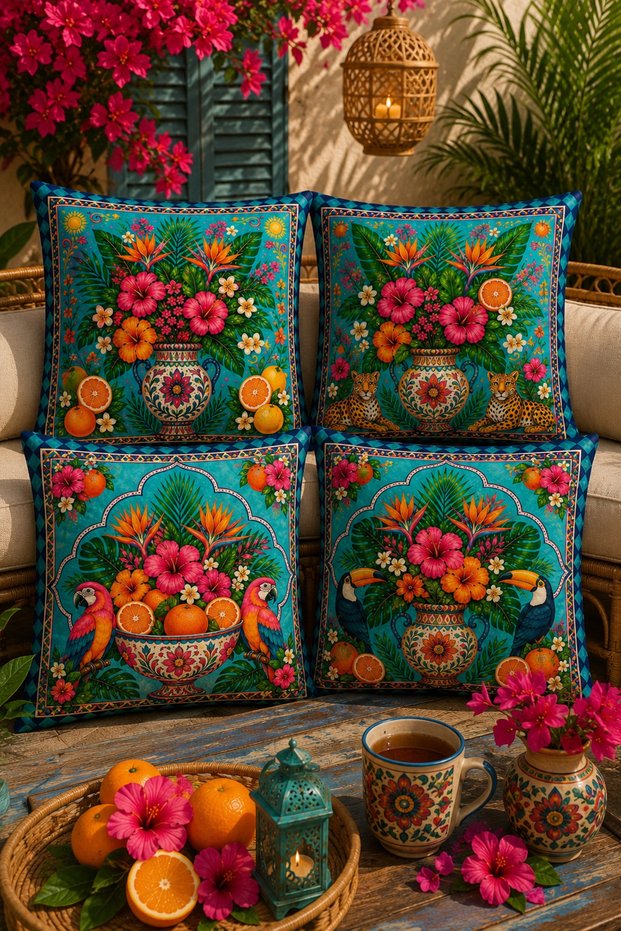 Set of 4 Tropical Decorative Throw Pillow Covers 43X43 cm Exotic Floral Pattern Digital Printed Bohemian Living Room Sofa Cover