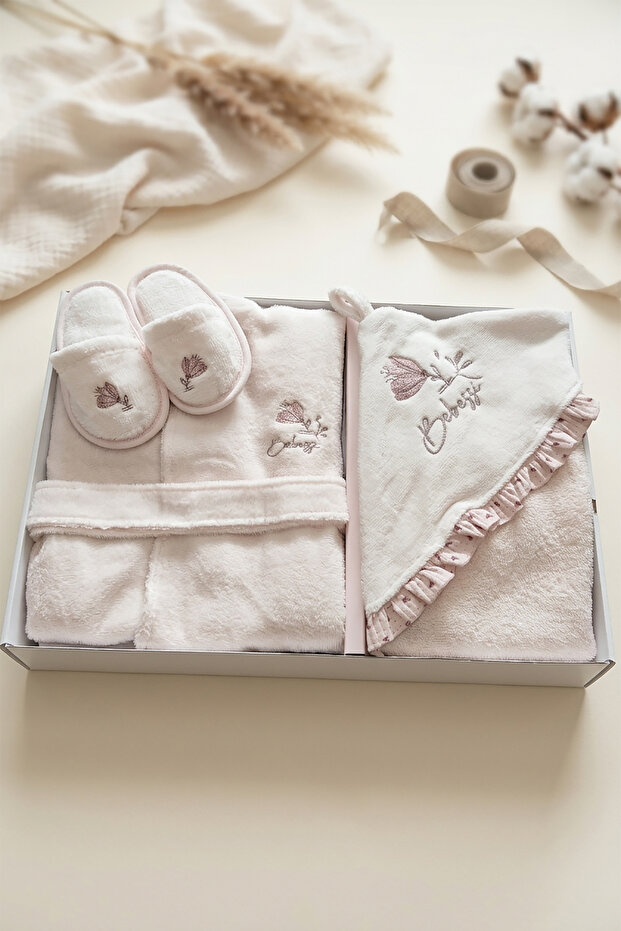 Flower Embroidered Newborn Baby Girl Towel Bathrobe Set - 3-Piece Boxed Bathrobe Set 0-12 Months