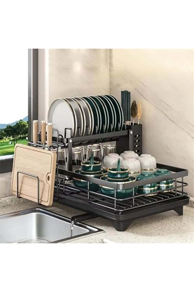 Dish Drying Rack, Stainless Steel 2 Tier Large Dish Racks with Drainboard and Cutlery Holder for Kitchen Counter Black