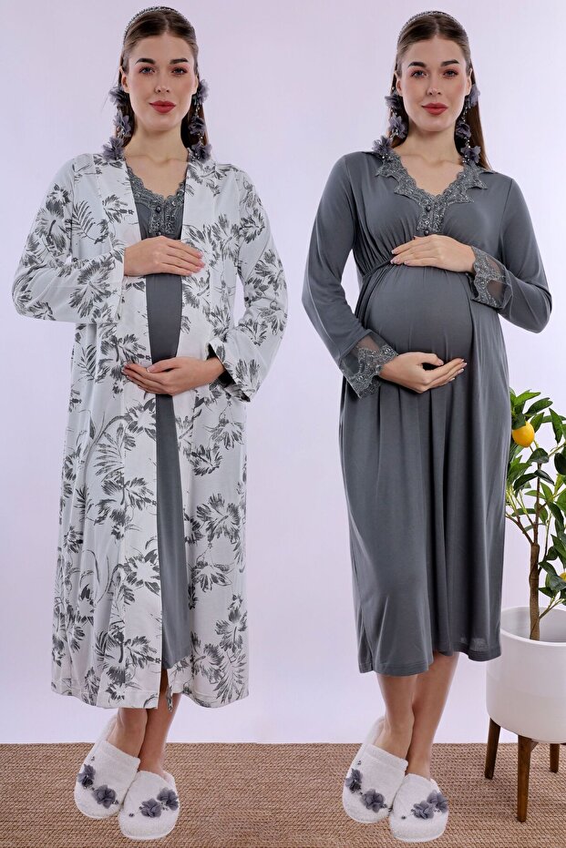 Floral Patterned Dressing Gown Maternity Nightgown Set Effortt - Smoked