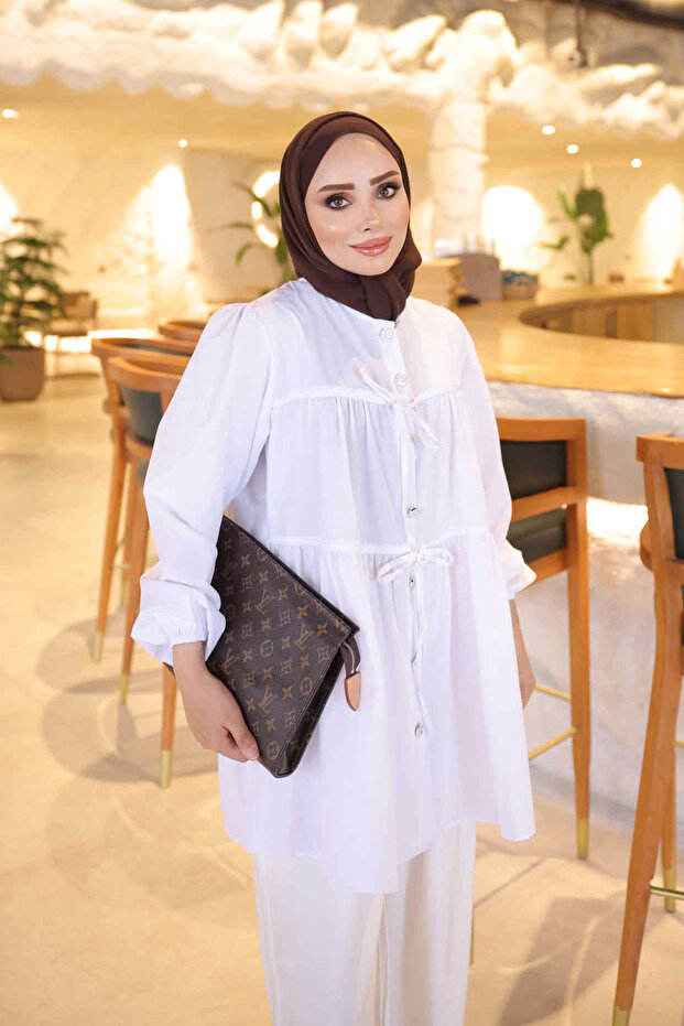 White Elastic Sleeves Tie-Front Shirt