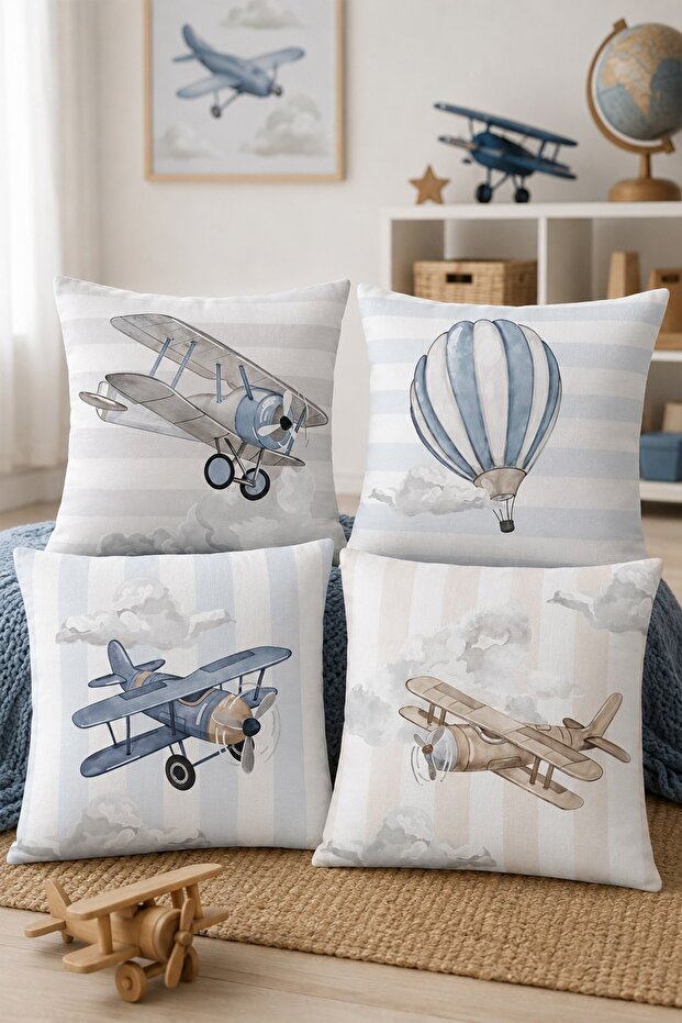 Old Airplanes Patterned 4-Piece Children's and Baby Pillowcase Set