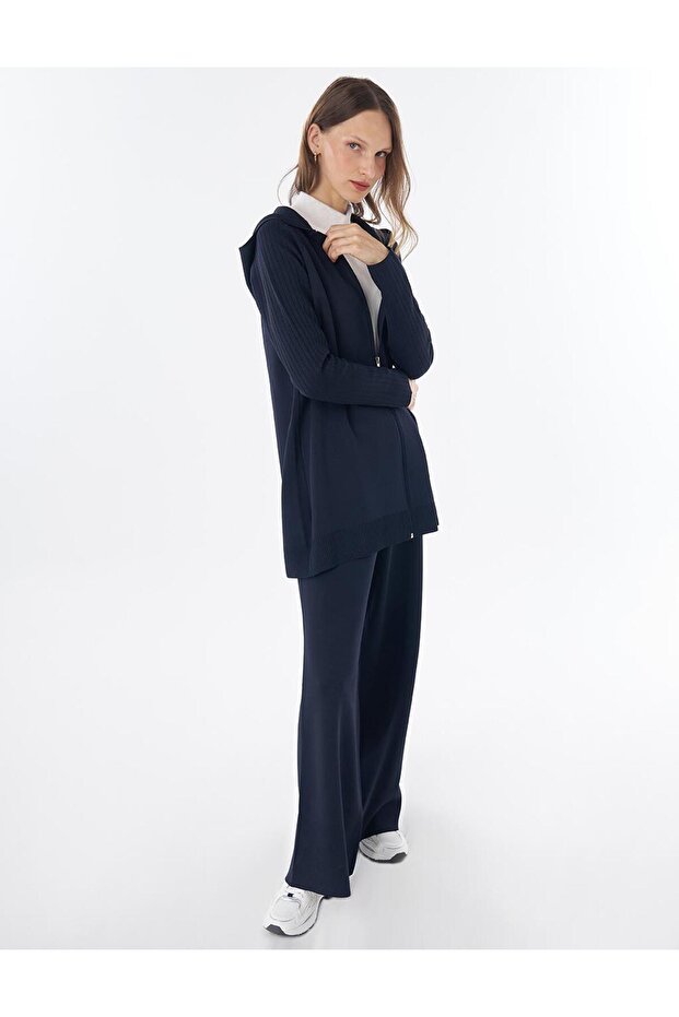 Hooded Detailed Knitwear Set Navy Blue-Optical White
