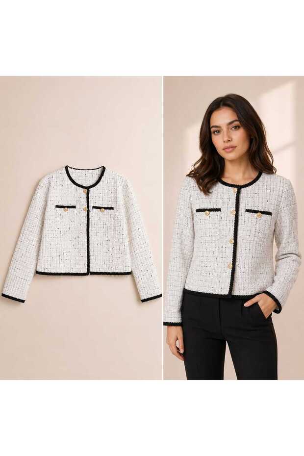 Women's Textured Tweed Jacket with Contrast Button Detail