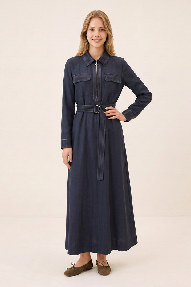 Zippered Belted Pocketed Navy Blue Dress 0552