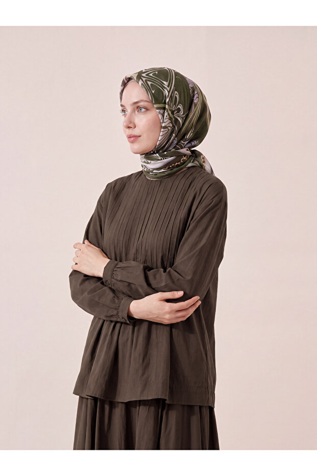 وشاح قطني منقوش بسلسلة - أخضر كاكي
