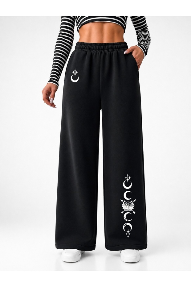 Women's High Waist Wide Leg Palazzo Sweatpants with Moon Star Print – Black Comfortable Casual Trousers