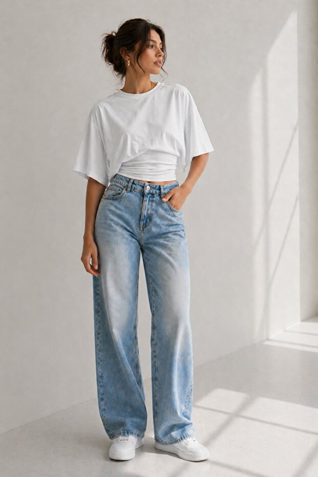 White Cotton Fabric Bat Sleeve and Waist Design Crop T-Shirt 88001