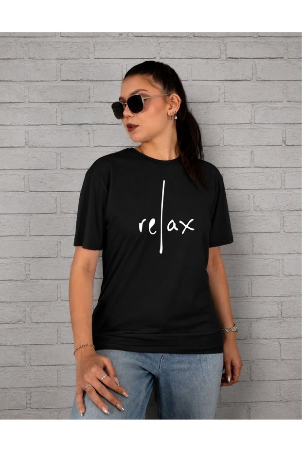 Unisex Relax Written Minimal Design Printed 100% Cotton Regular Fit Crew Neck Short Sleeve T-Shirt