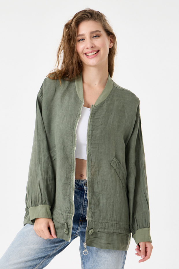 Khaki Italian 100% Linen Low Sleeve Zippered Oversize Linen Jacket Blouse with Tie at Hem Size 40 - 44