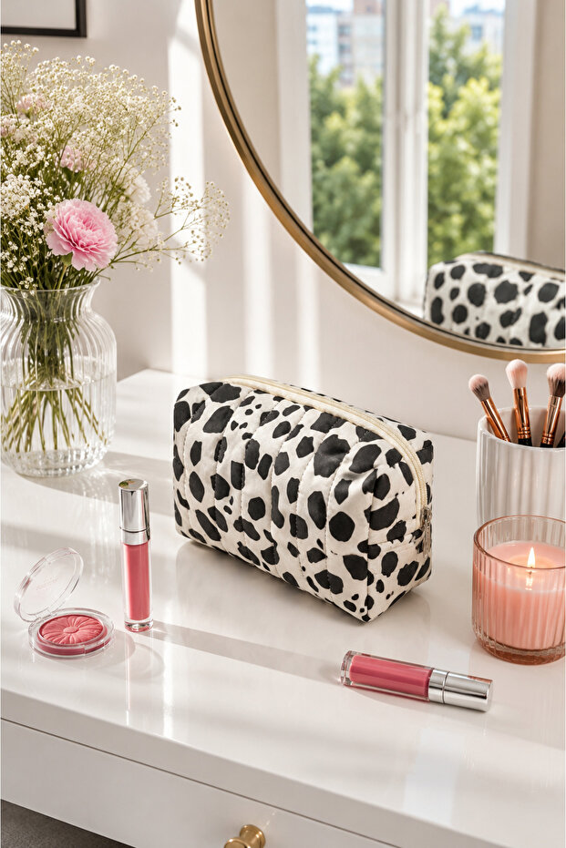 Patterned Zippered Makeup Bag White - Black
