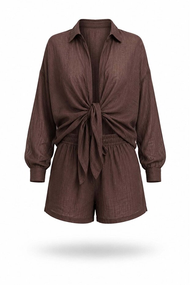 Brown Tie-Front Shirt and Shorts Set 51448