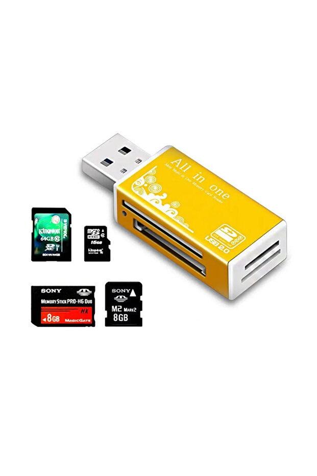 Yellow Alloy Card Reader 4 Ports USB2.0 Micro SD TF M2 MS Pro Duo MMC SDHC DV Phone Camera Memory Ca