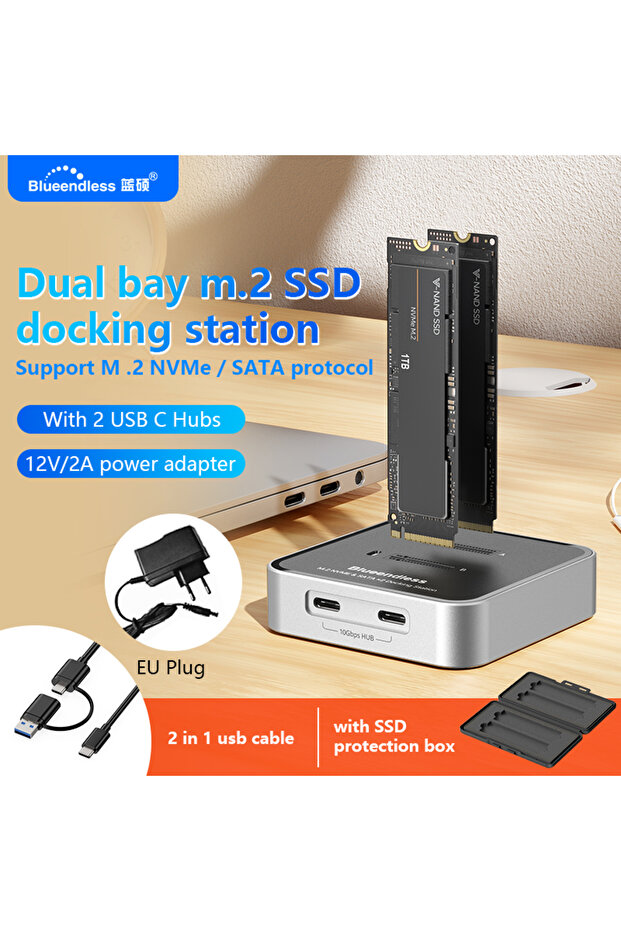 SD09 EU PLUG Blueendless Duay-Bay M.2 NVMe / SATA Protocol SSD Docking Station with Hub SSD Reader T