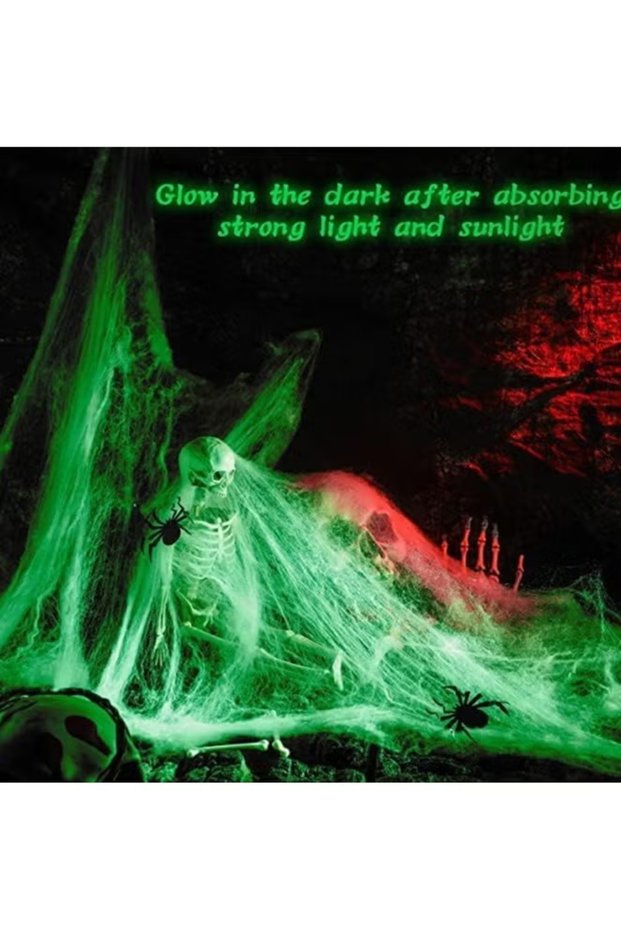 (eb26)300g Spider Webs with 60 Plastic Fake Spiders Decorations Spooky Haunted House Yard Lawn Patio Home Tree Creepy Scene Props Indoor Outdoor Decor (Glowing)