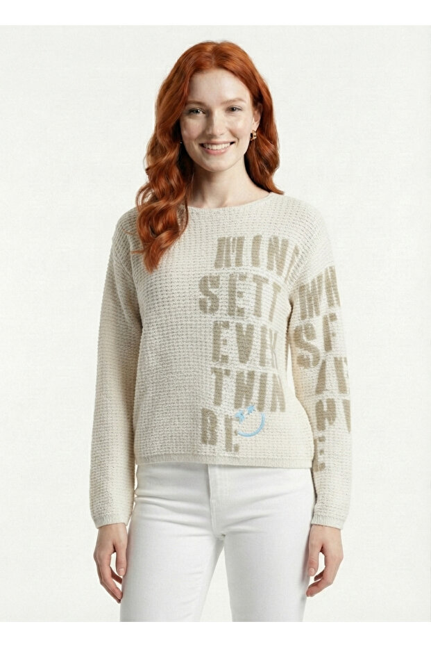 Women's Ecru Printed Knitwear Sweater