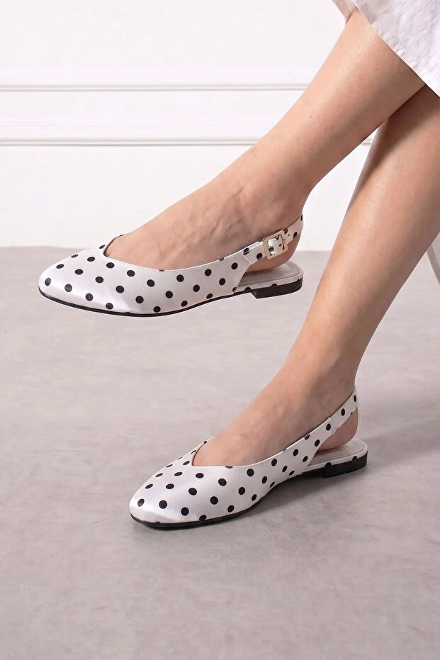 Sanremo White Satin Polka Dot Open Back Ballerinas with Gold Buckle