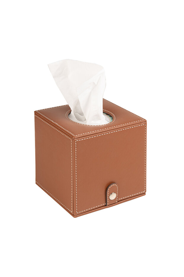Napkin Holder, Boutique Tissue Box, Tissue Paper Storage Box, Vegan Leather, 13*13*13 Cm. Tan