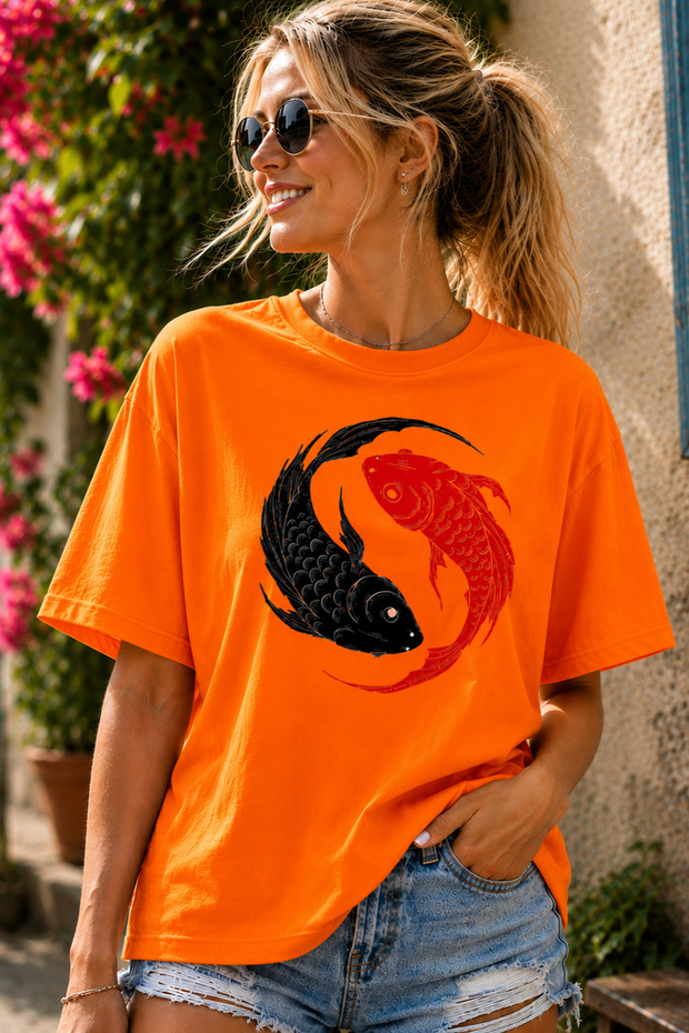 Yin Yang Fish Printed Crew Neck Casual Unisex Oversize T-Shirt - Cotton Casual T-Shirt