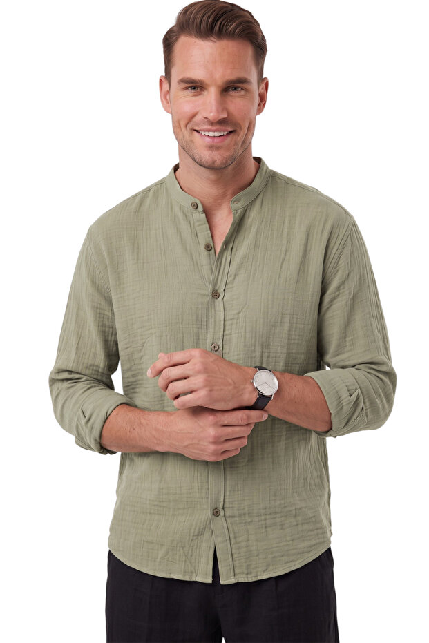 Mint Green 97% Cotton Muslin Fabric Breathable Summer High Collar Relaxed Fit Men's Shirt 2602620