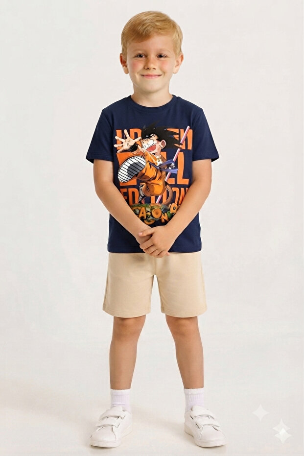 Boy's Ninja Character Printed Crew Neck T-Shirt-Shorts Set