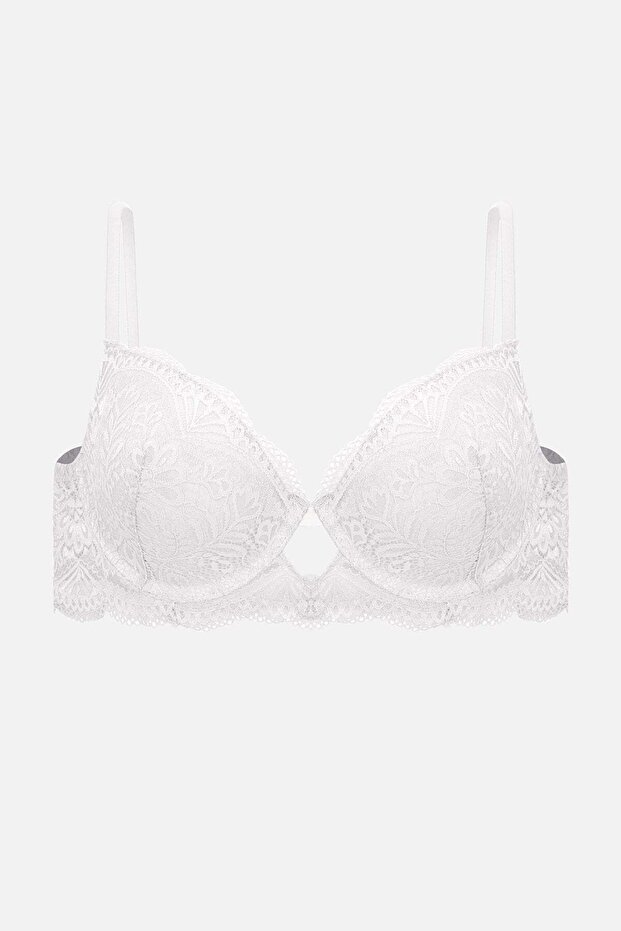 2451 Rubber Band Detailed Push up Lace Low-Cut Bra Ecru