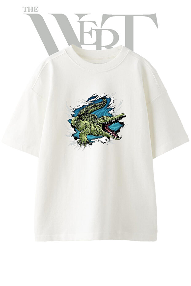Tearing Crocodile Design Printed Unisex White Oversize T-Shirt