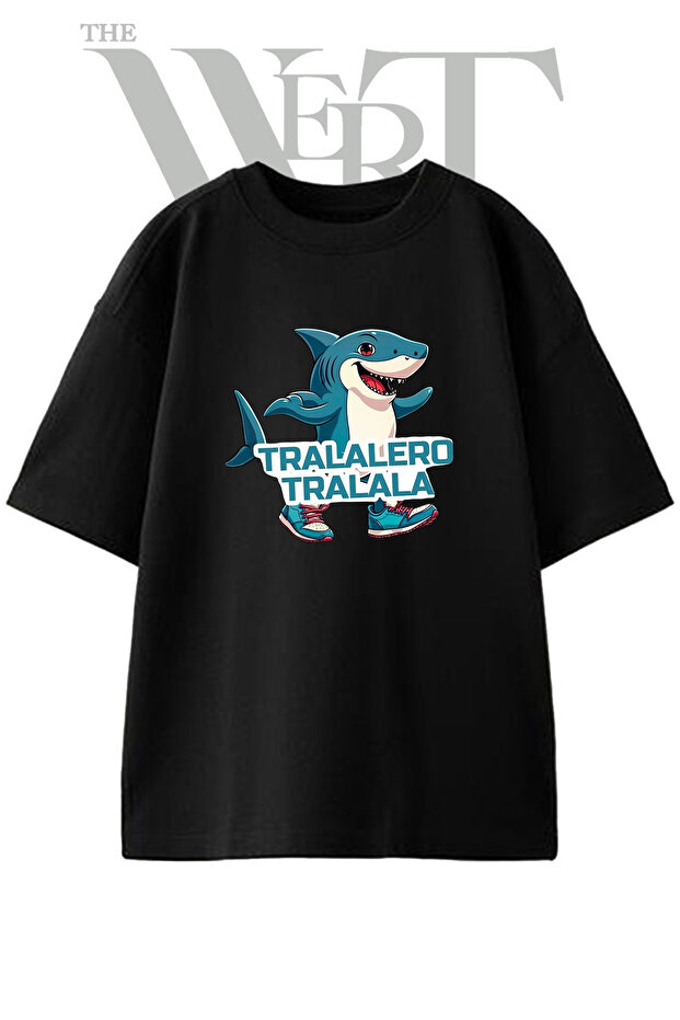 Cartoon Shark Design Printed Unisex Black Oversize T-Shirt