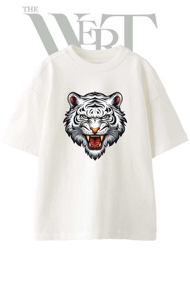 White Tiger Design Printed Unisex White Oversize T-Shirt