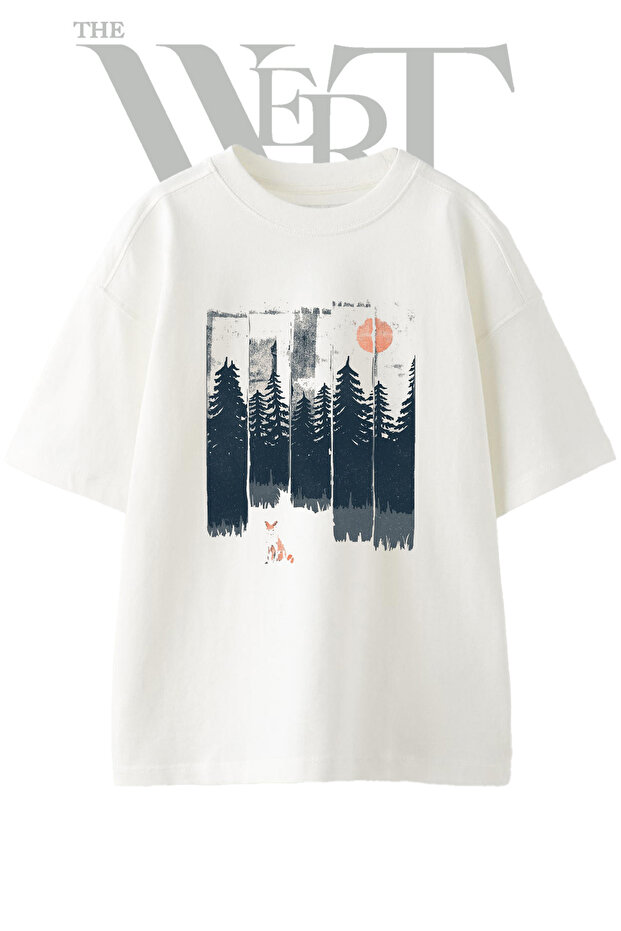 Fox Forest Design Printed Unisex White Oversize T-Shirt