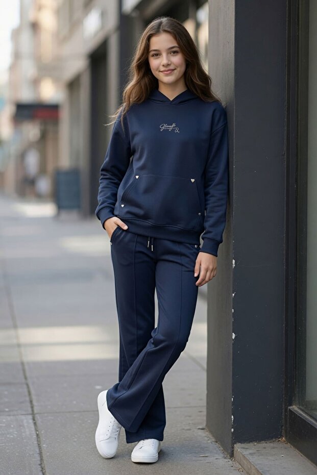 Navy Blue Girls' Spanish Style Sweatpants Set with Kangaroo Pockets Top and Bottom Set 24621