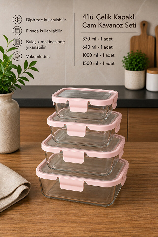 Set of 4 Vacuum Glass Storage Containers with Steel Lids Rectangular Glass - Oven, Freezer, Microwave Compatible