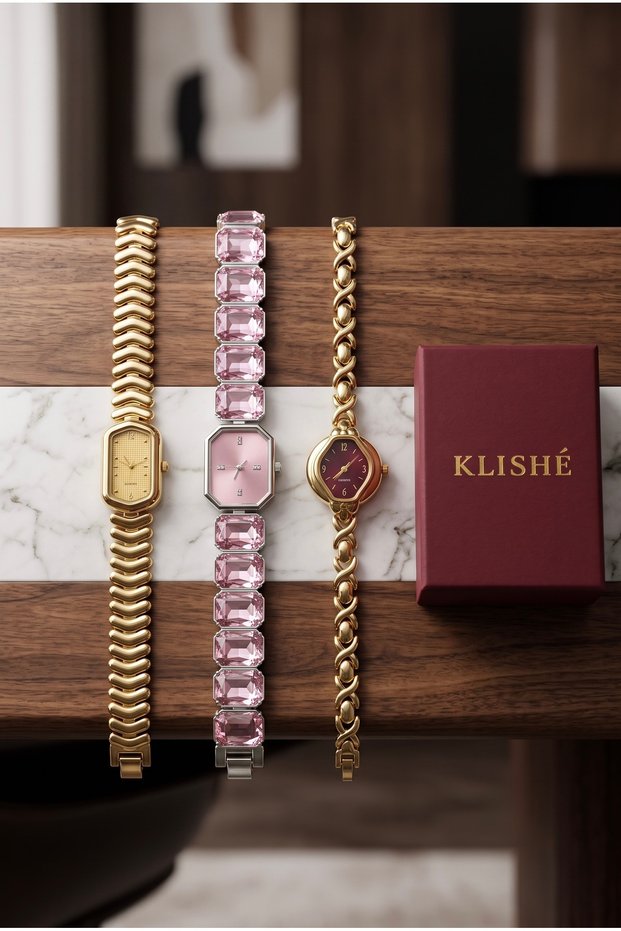 3-Piece Women's Steel Watch Set Steel Gold & Pink & Burgundy Vintage Women's Watch Premium Old Money Elegant Stylish Luxury Women's Wristwatch | Limited Edition 2026
