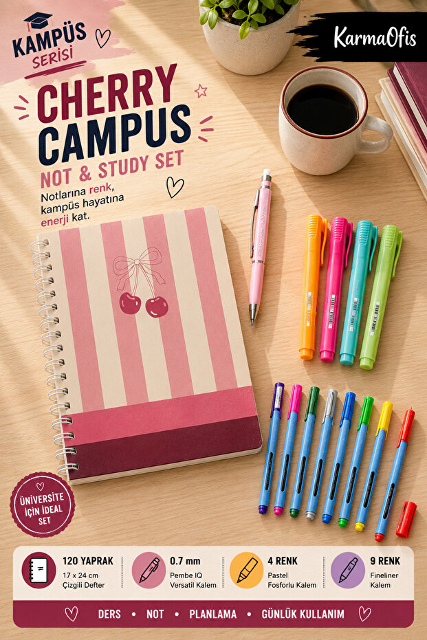 Campus Cherry Series University Stationery Set – 120 Sheets Lined Notebook, 0.7 Versatil Pen, 4 Pastel Highlighters, 9 Color Fineliner