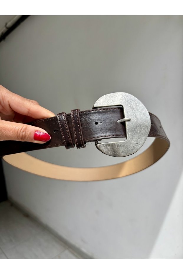 Women's Antique Silver Wide Buckle Brown Belt