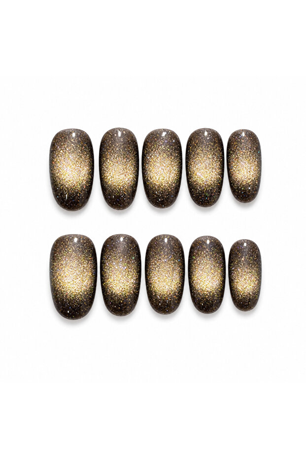 Brown & Yellow Short Oval Press-On Nails, Glossy Set, Size XS, MM-0116