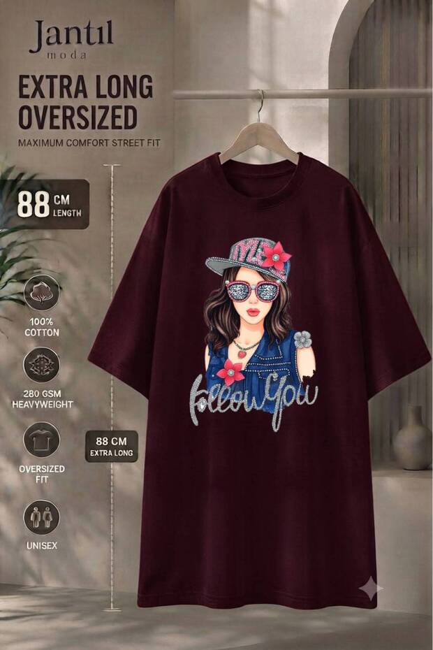 Crew Neck Follow You Written Girl Figure Extra Long Oversize Tunic T-Shirt Short Sleeve