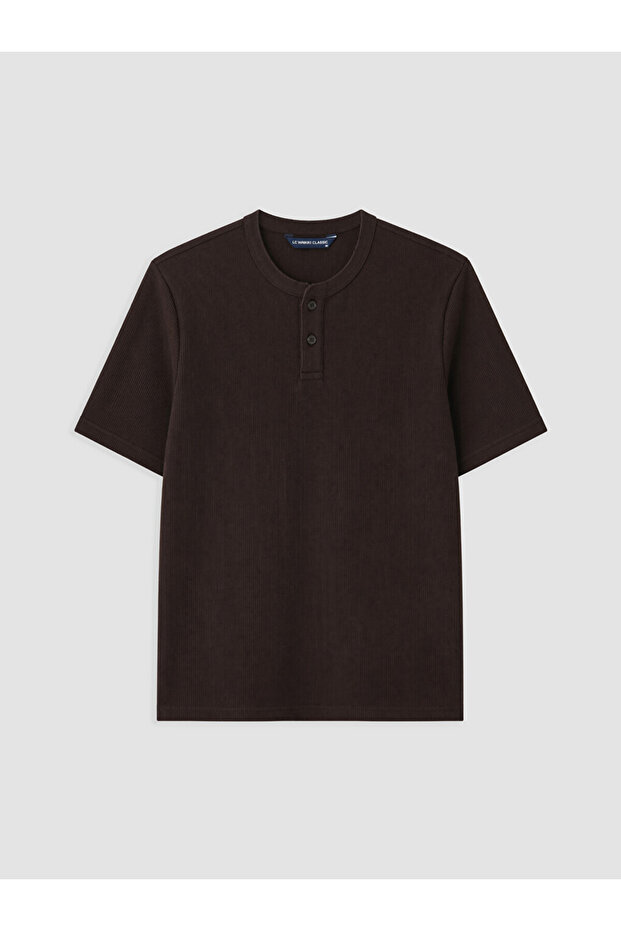 Brown Henley Collar Textured Men's T-Shirt