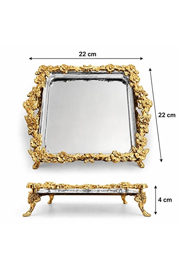 Square Engagement and Coffee Presentation Tray with Footed Floral Pattern, 22 cm Silver Gold, 1 Piece