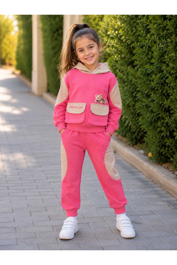 Girl's Hooded Teddy Bear Pocket 2-Piece Tracksuit Pajama Sports Set