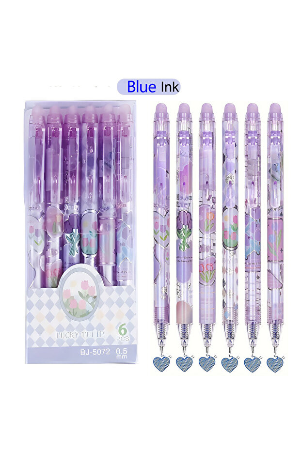 BLUE 6pcs Cute Erasable Gel Pens, 0.5mm Fine Point, Smooth Writing, Blue Ink, No Smudge, Ideal for P