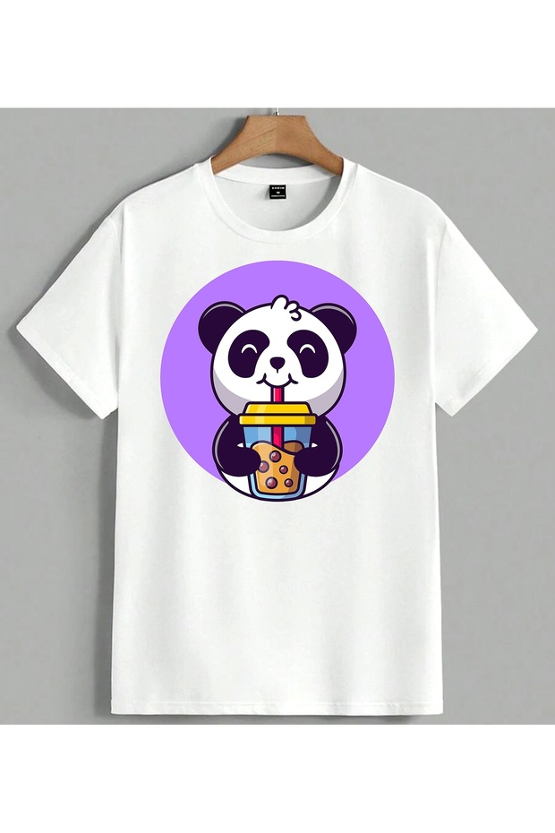 Panda Drink Bubble Tea Printed Unisex Oversize T-Shirt White