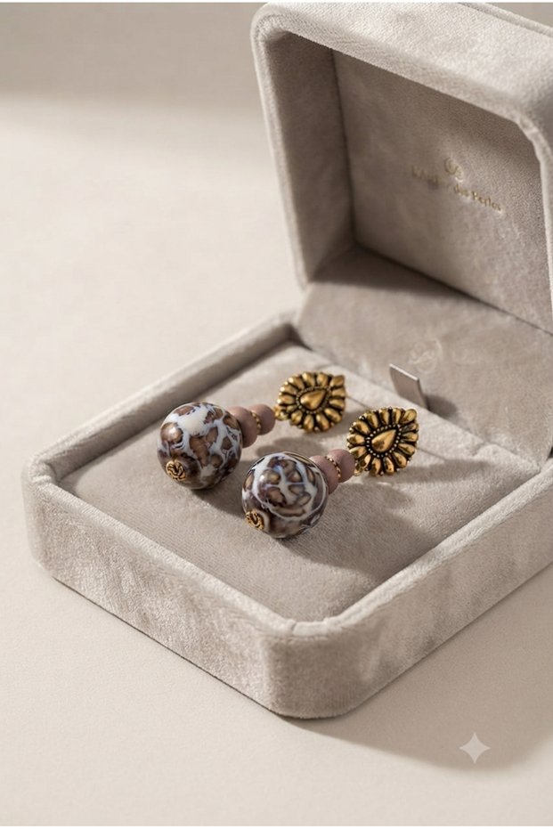 Blue Leopard Patterned Brass Earrings with Accessories