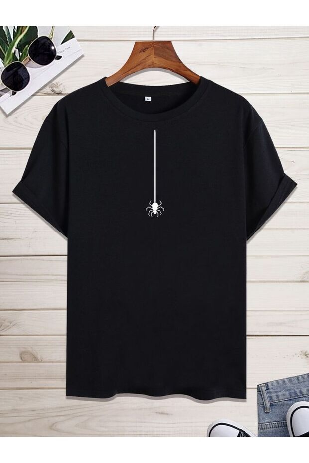 Spider Printed Unisex Oversize Printed Crew Neck Short Sleeve Black T-Shirt
