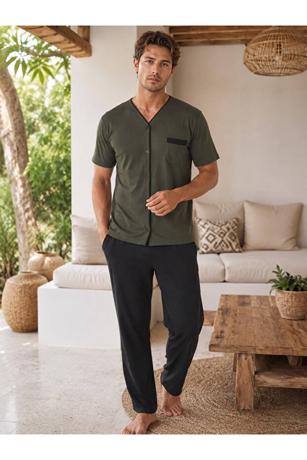 Men's Short Sleeve Front Buttoned Cotton Pajama Set