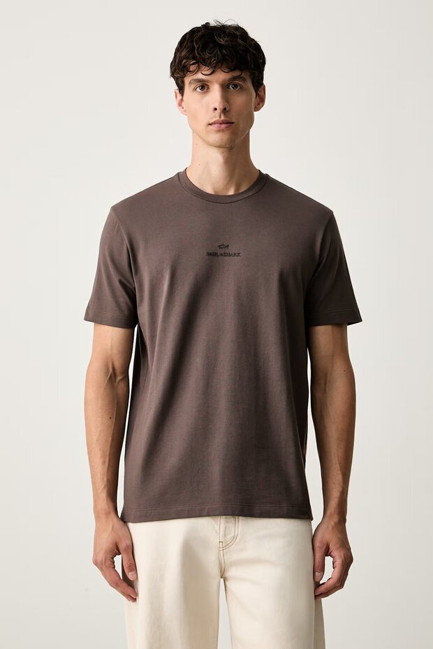 Men's Comfortable Fit Logo Embossed Cotton Short Sleeve Brown T-Shirt
