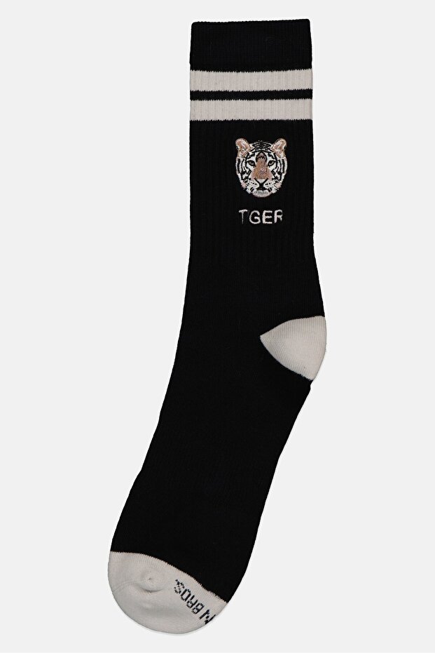 Men 1 Pair Tiger Embroidered Long Socks, Black