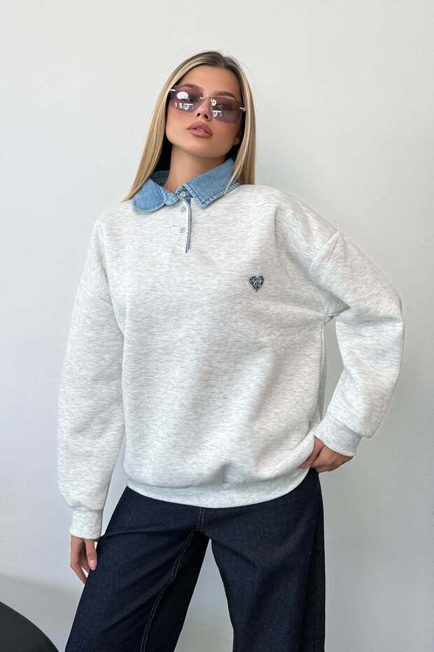 Women's denim collar detailed bow embroidered sweatshirt gray - 264433