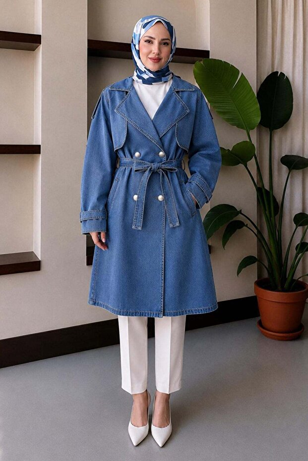 Mila Double Button Denim Trench Coat Light Blue 19290